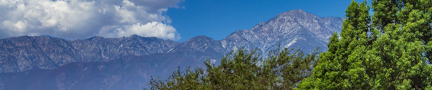 Landscape shot of blue sky, mountains & green trees