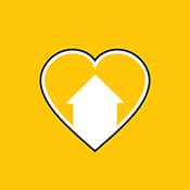 Pictogram of a yellow heart with embedded outline of a house