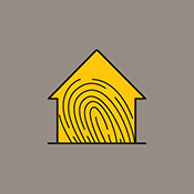 Pictogram of thumbprint superimposed on yellow house