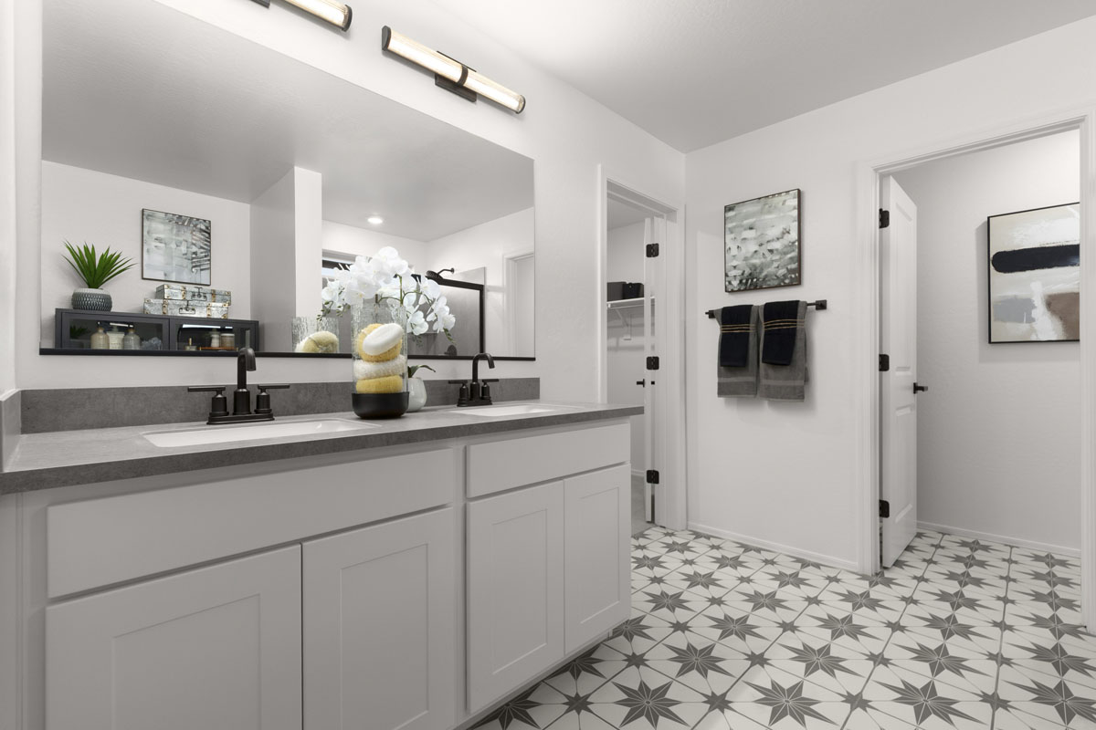 Dual-sink vanity at primary bath