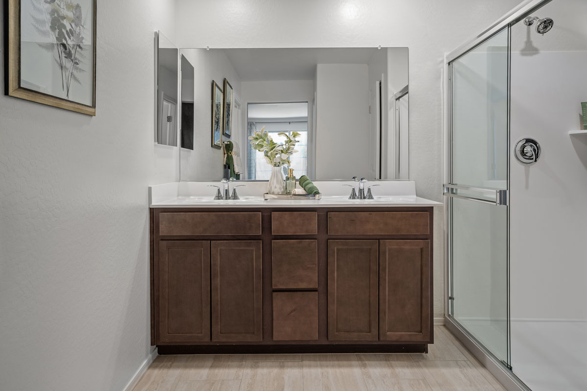 Dual-sink vanity at primary bath