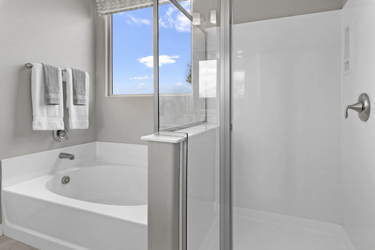 Garden tub and separate shower at primary bath