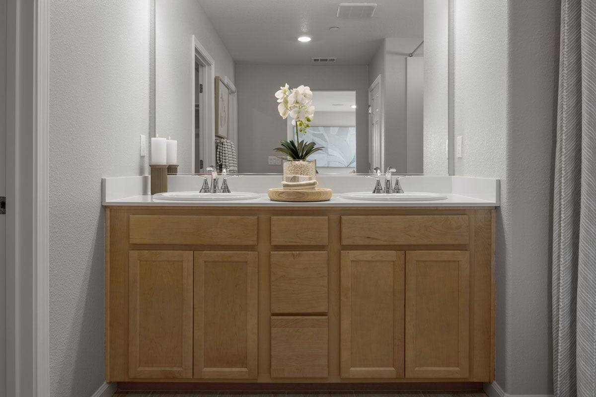 Dual-sink vanity at primary bath