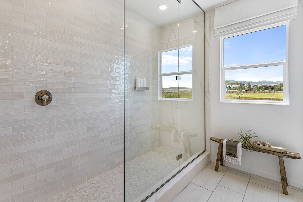 Shower with clear enclosure at primary bath