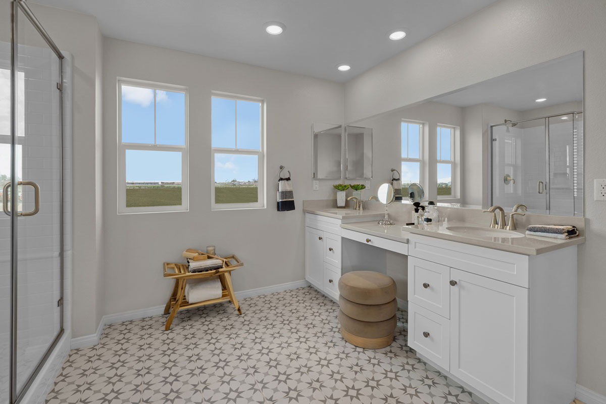 Upgraded extended vanity with knee space at primary bath