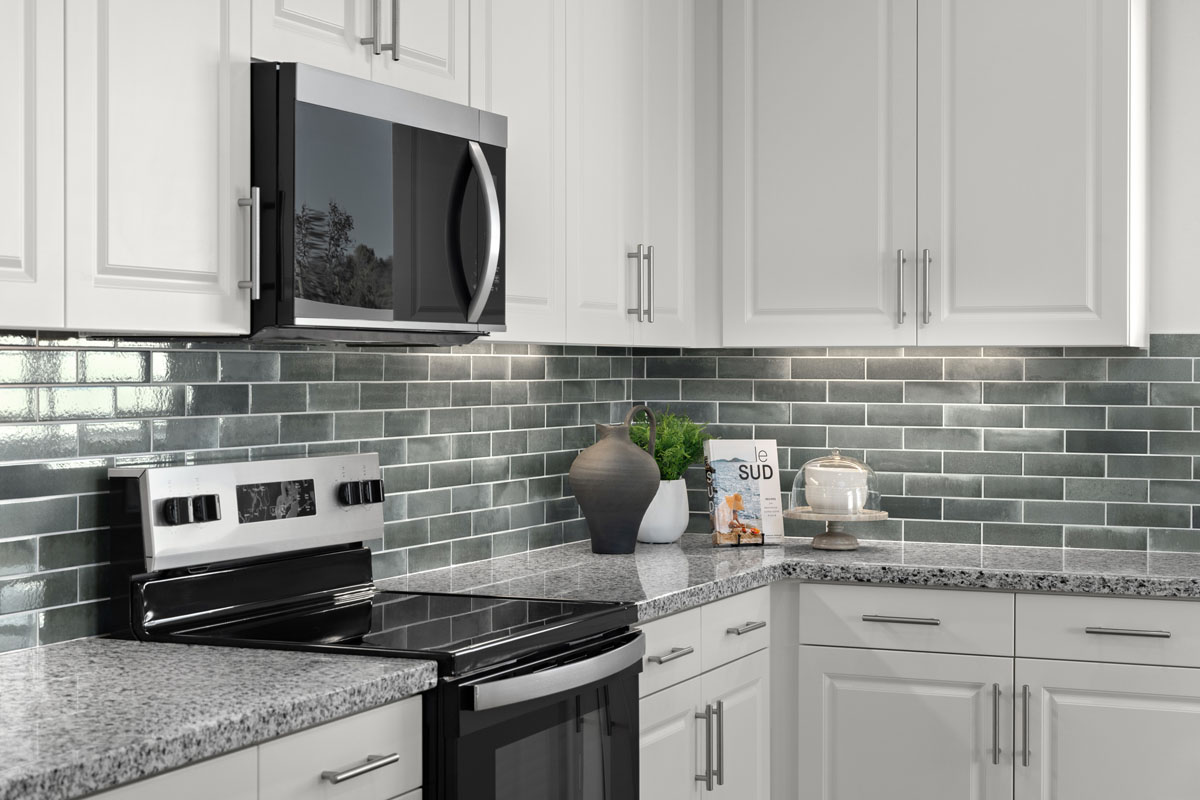 Thermofoil cabinets with satin nickel pulls