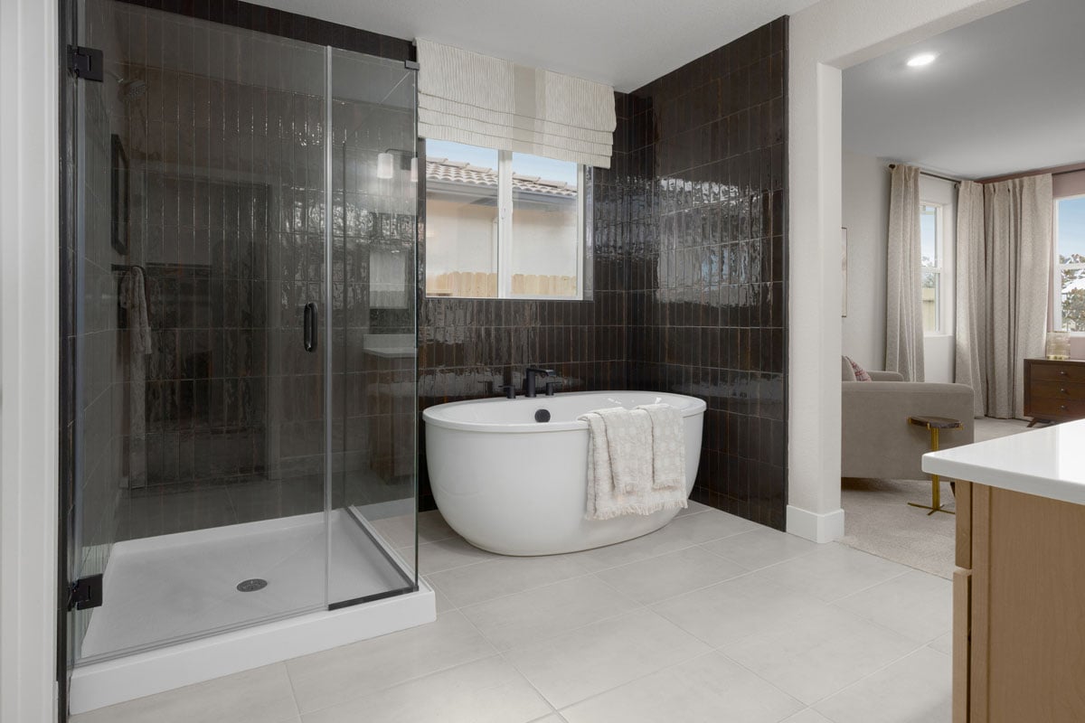 Walk-in shower and separate tub at primary bath