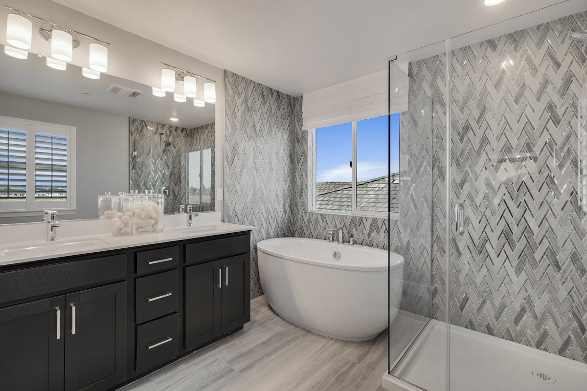 Freestanding soaking tub at primary bath