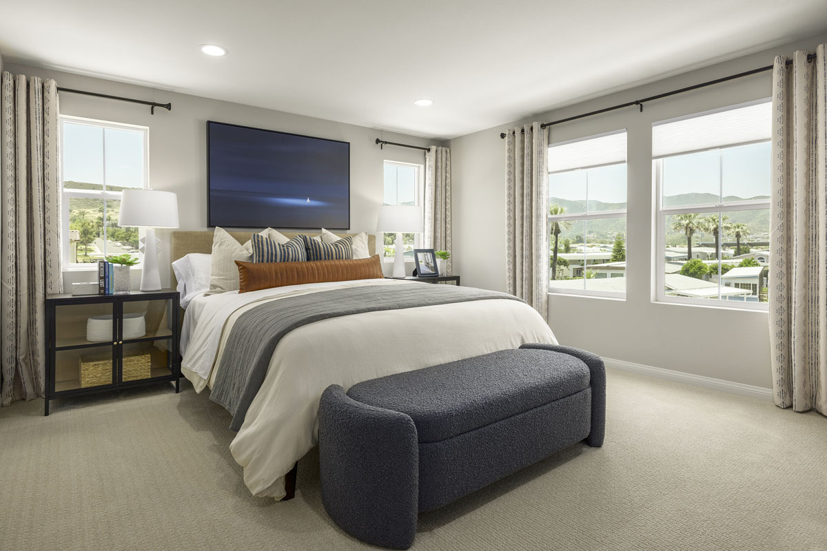 KB model home primary bedroom in San Diego, CA