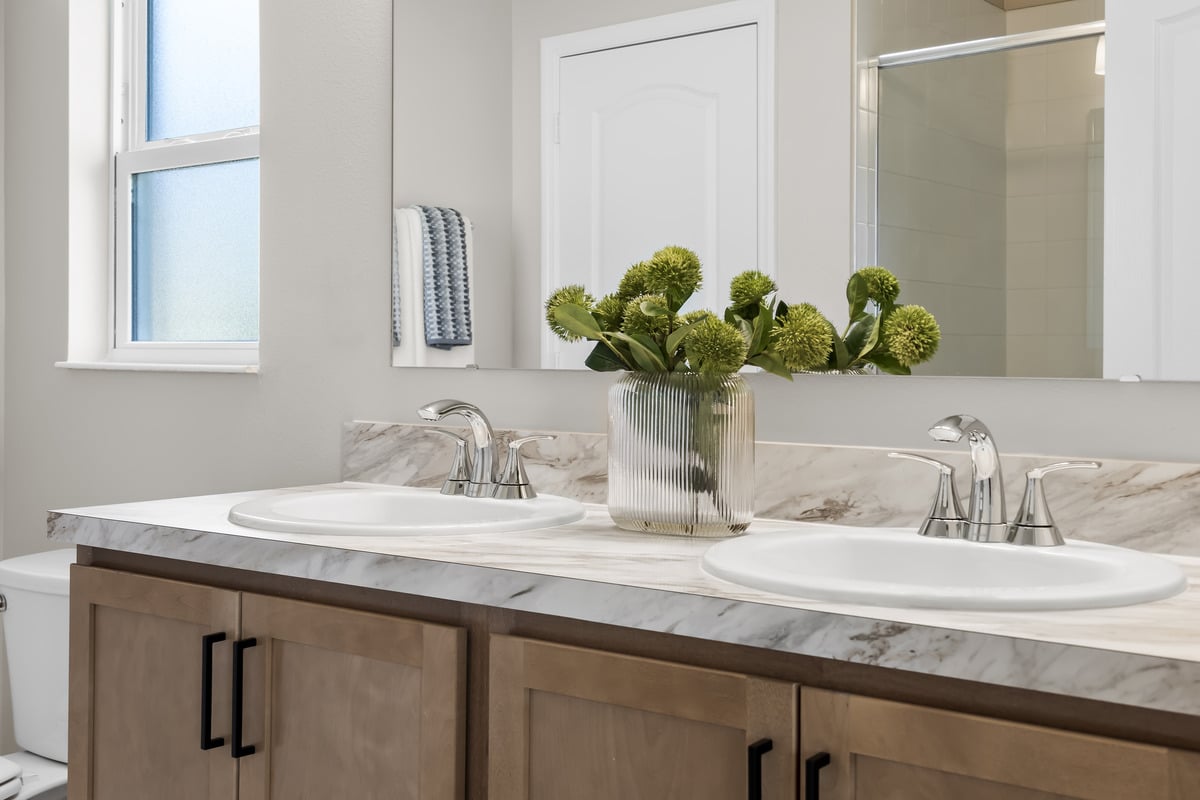 Dual-sink vanity at primary bath