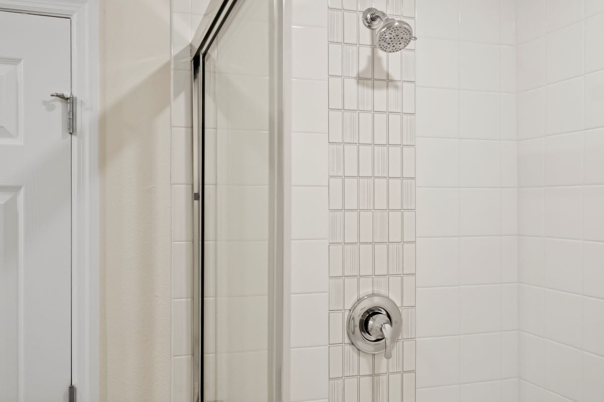 Walk-in shower with tile surround