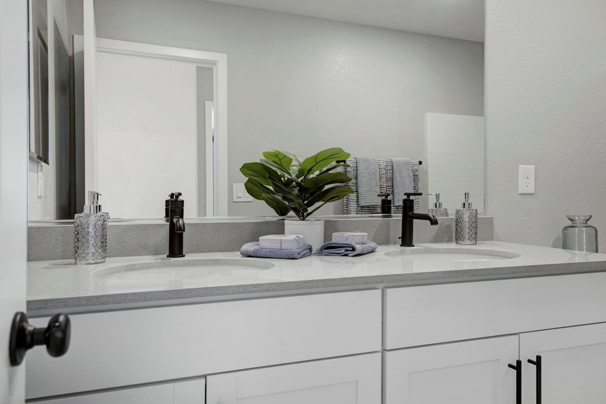 Dual-sink vanity at guest bath