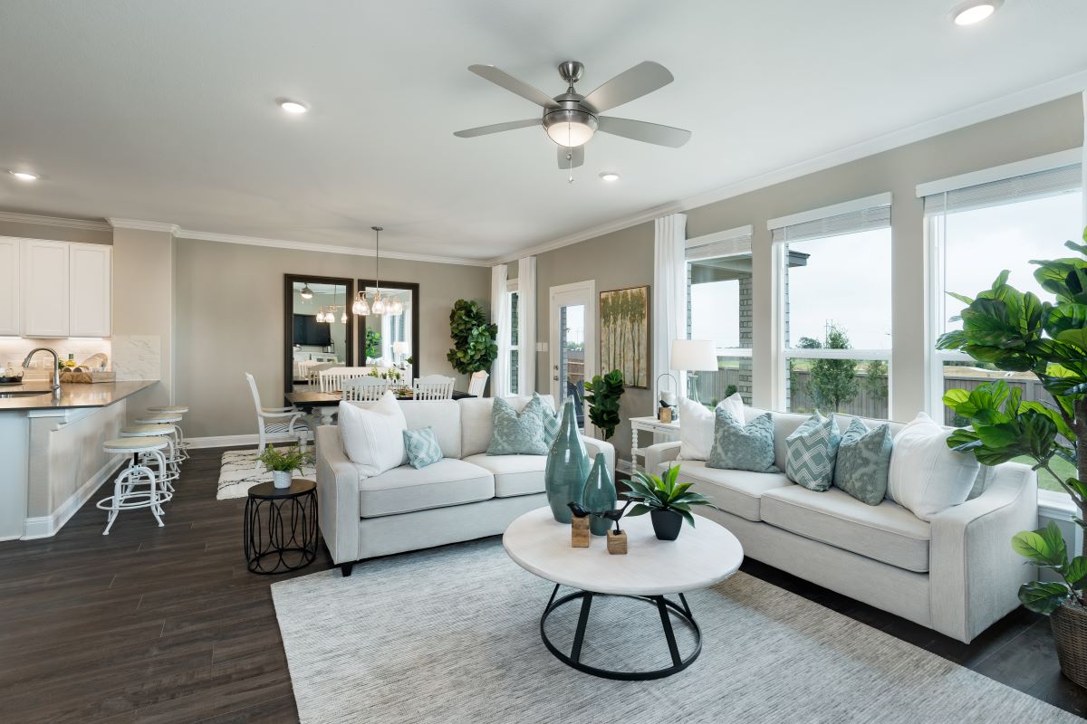 New Homes in Georgetown, TX - Berry Springs Plan 2458 Great Room as modeled at Maple Creek