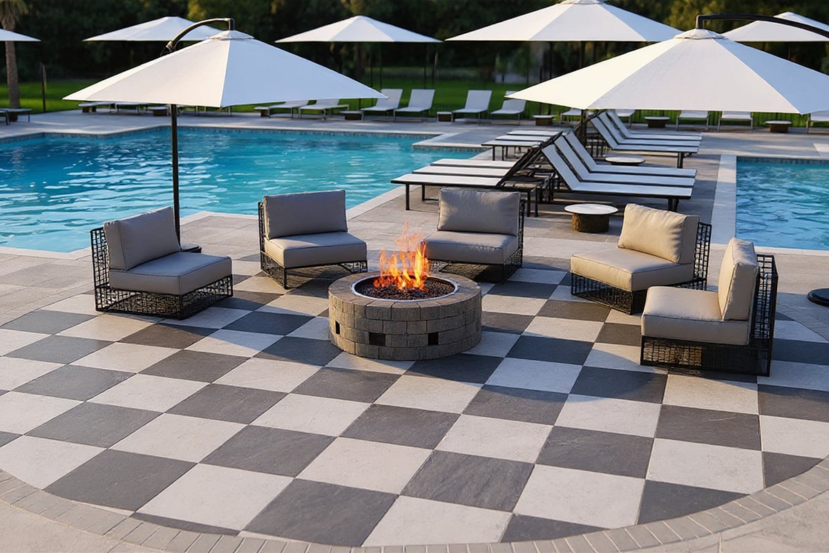 Planned community lounge areas with cozy fire pits