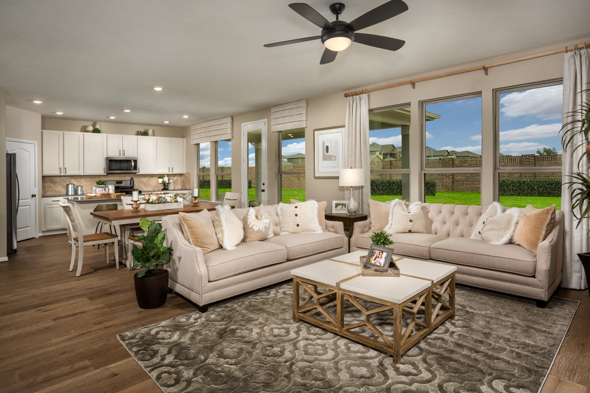 New Homes in Katy, TX - The Meadows at Westfield Village Plan 2596 Great Room as modeled at Cypress Creek Landing