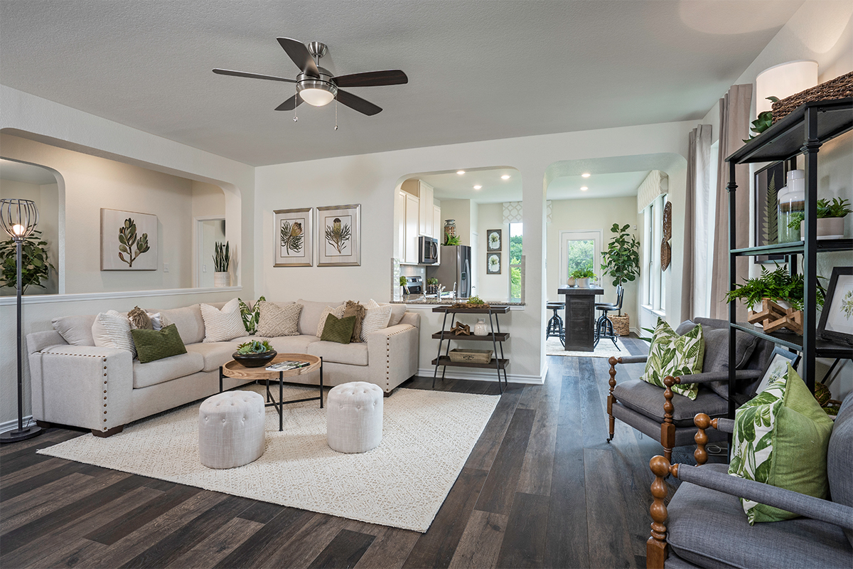 New Homes in San Antonio, TX - Dove Heights Plan 1523 Great Room as modeled at Champions Landing