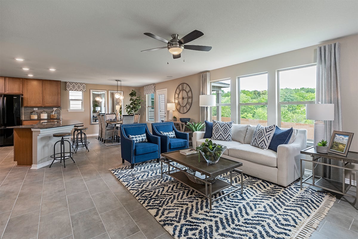 New Homes in Boerne, TX - Shoreline Park - Sterling Collection Plan 2411 Great Room as modeled at Champions Landing