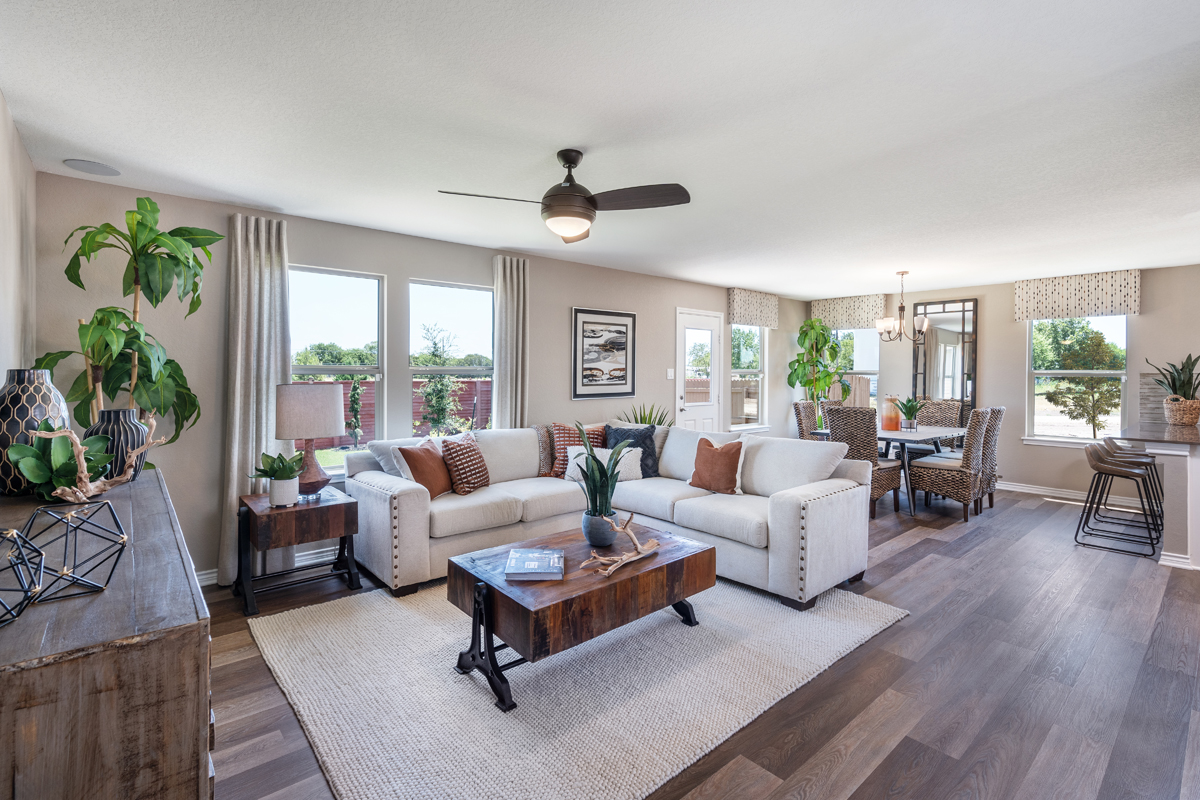 New Homes in Elmendorf, TX - Southton Cove Plan 2245 Great Room as modeled at Deer Crest