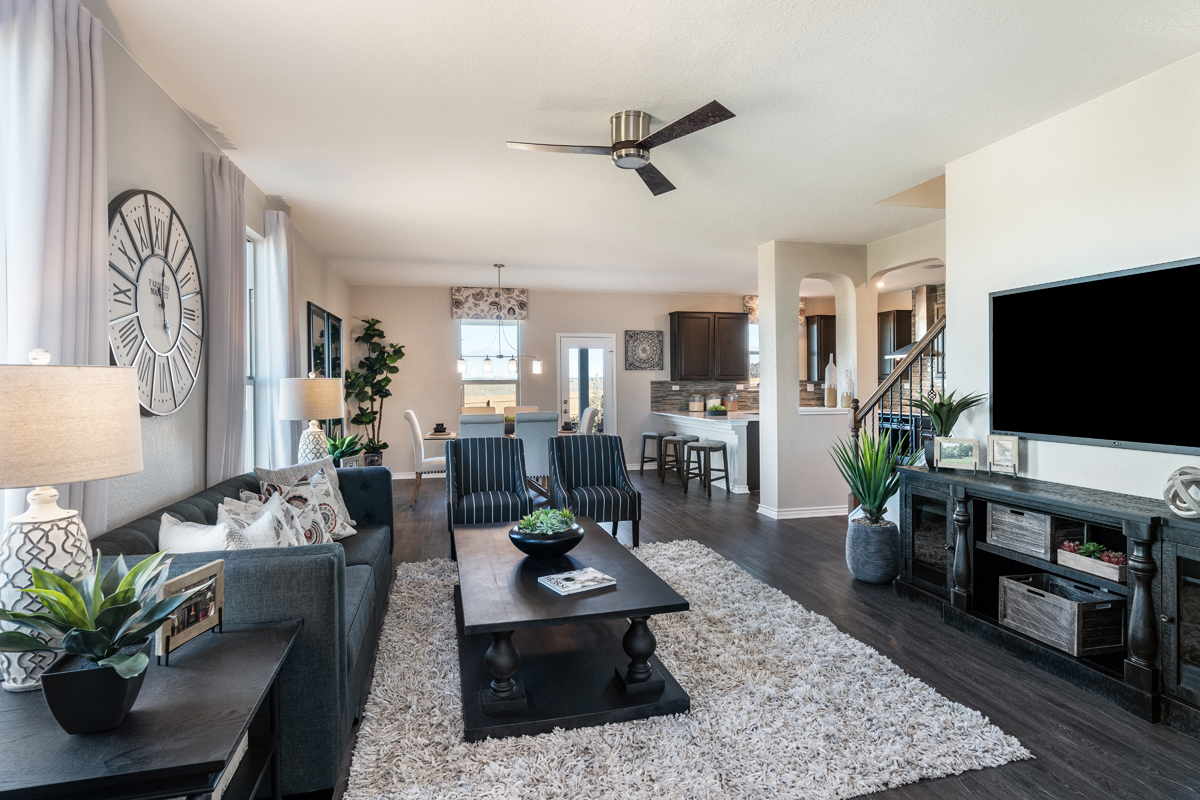 New Homes in Schertz, TX - Parklands Plan 2100 Great Room as modeled at Sky View
