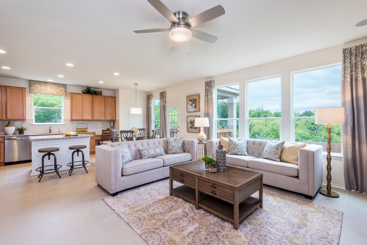 New Homes in Converse, TX - Willow View Plan 2708 Great Room as modeled at The Overlook at Medio Creek