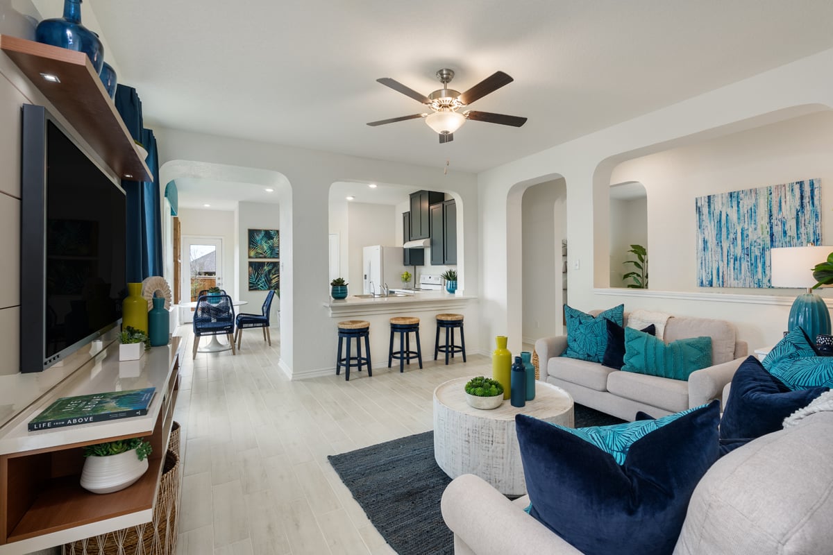 New Homes in San Antonio, TX - Tierra Buena Plan 1377 Great Room as modeled at Willow View