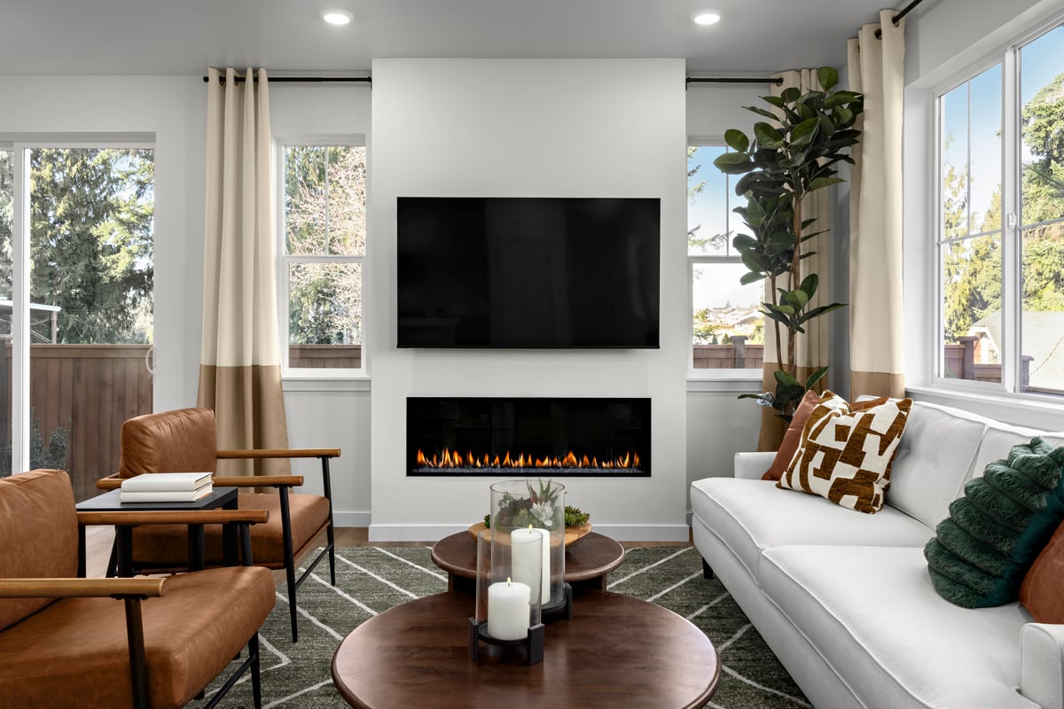 Linear electric fireplace at great room