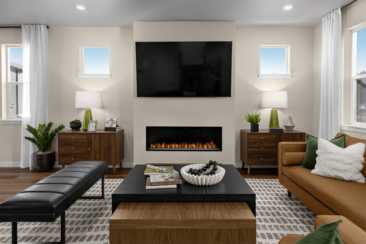 Linear electric fireplace at great room