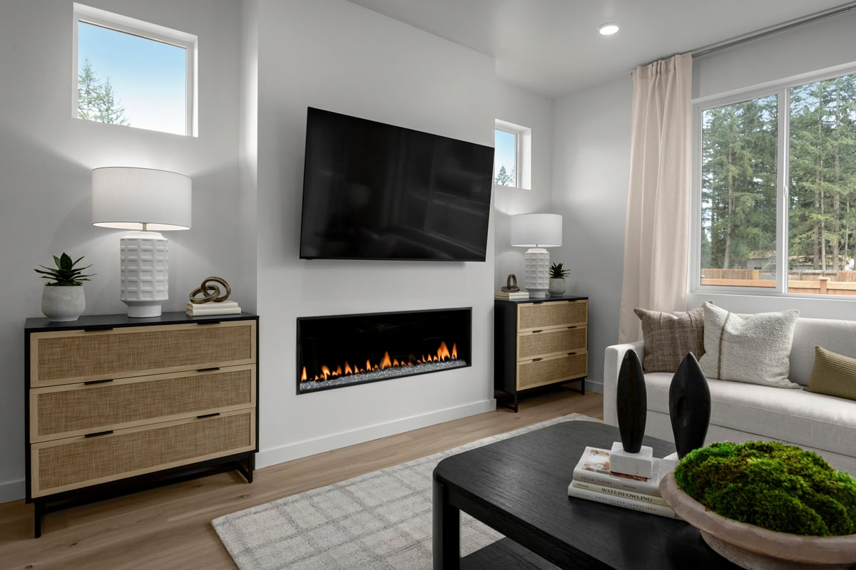 Linear electric fireplace at great room