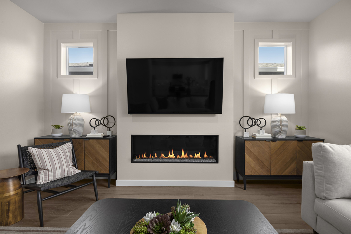 Linear electric fireplace at great room